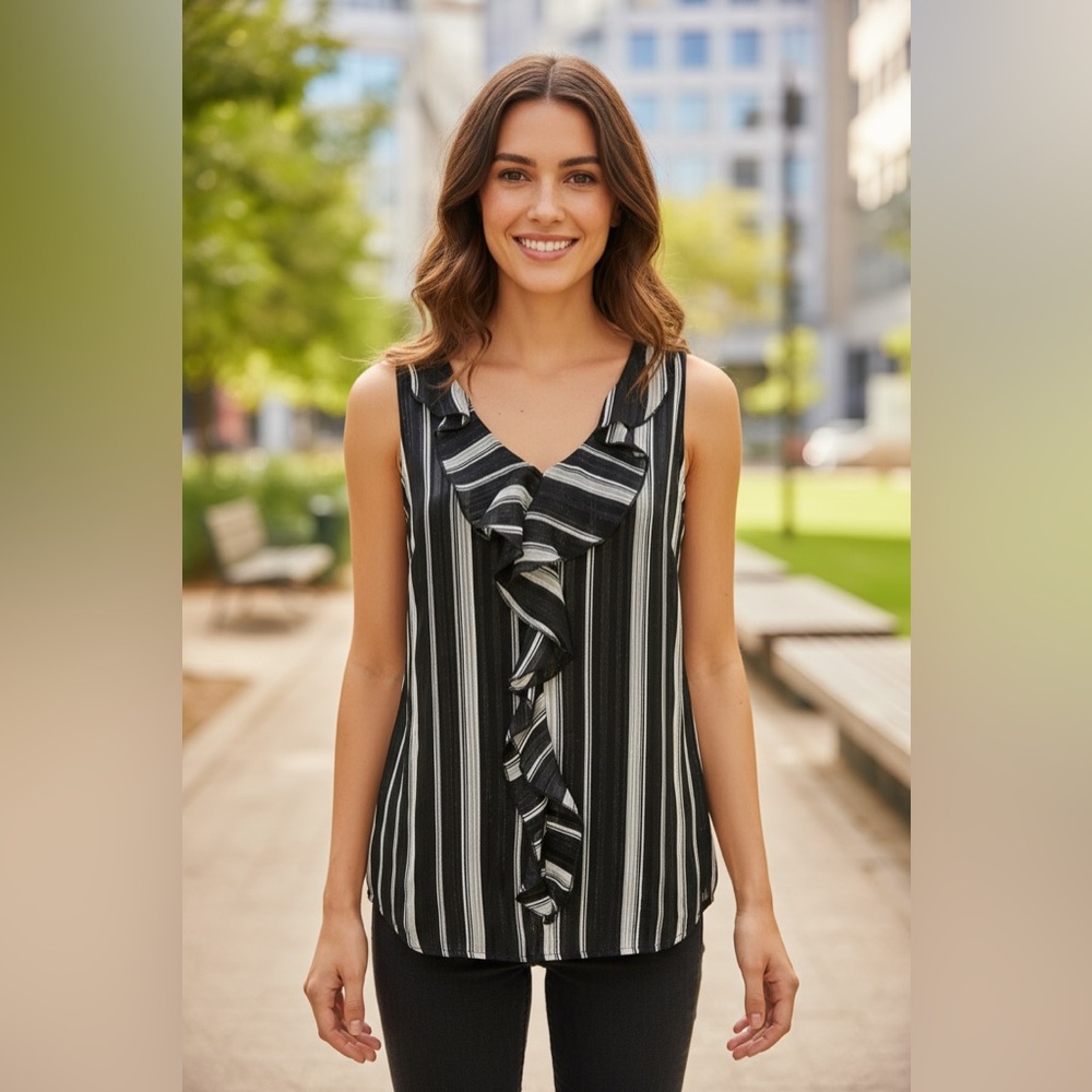 Roz & Ali - EC - Black and White Ruffle Blouse